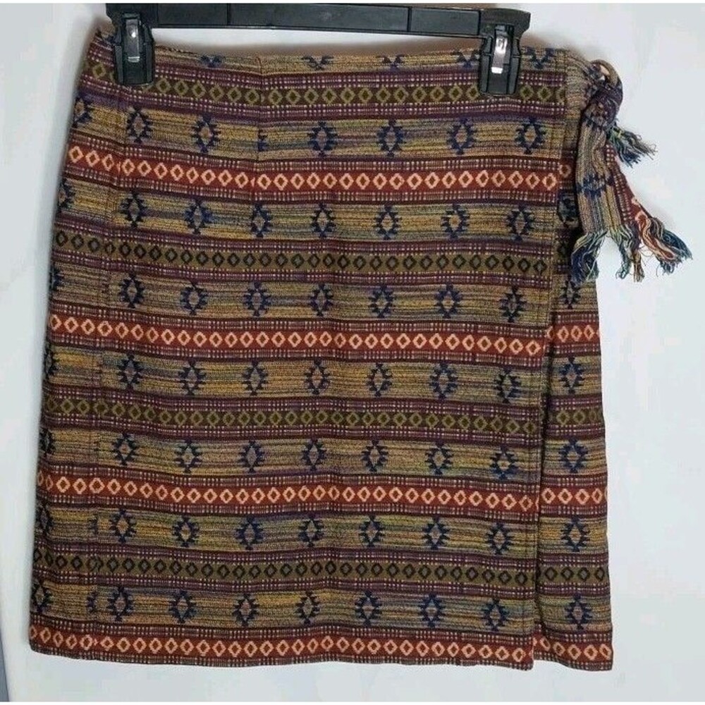 Vintage 90s Wrap Mini Skirt Petite 8 Boho Festival Tribal Woven Cotton Tie Side
